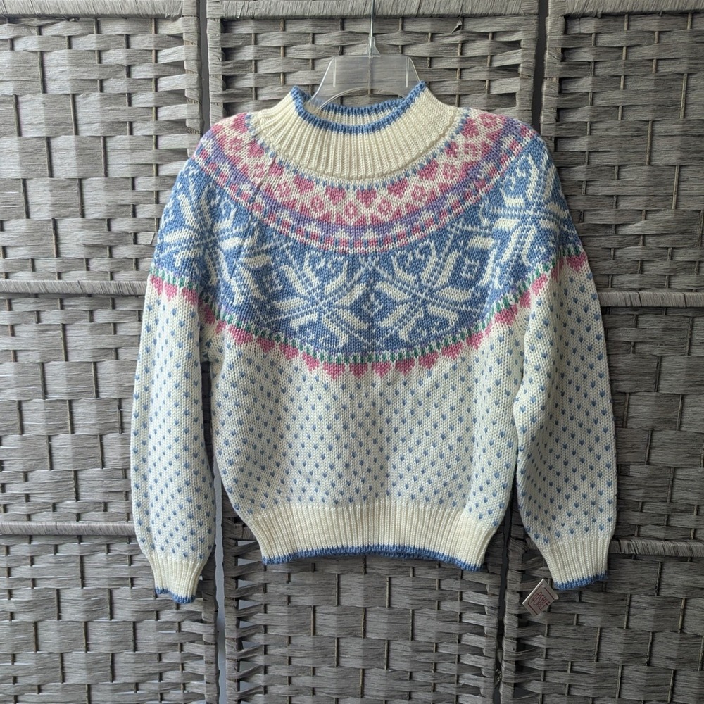 Vtg Deadstock Sweater Cream Blue Pink Fair Isle Snowflake Heart Med Cottagecore